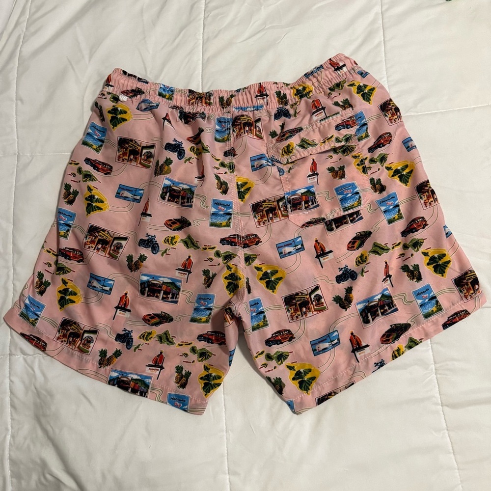 Blue Wave Men’s XL Pink Hawaiian Postcard Print Swim Trunks Mesh Lined - Picture 2 of 3